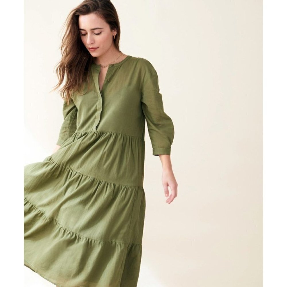NWT Jenni Kayne James Tiered A-Line Dress 3/4 Sleeve Moss Green XS